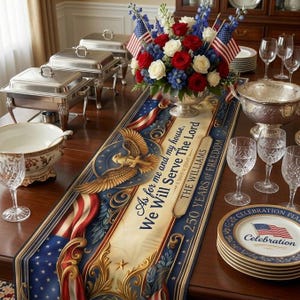 May include: A dining table set for a patriotic celebration. Features include a floral centerpiece with red, white, and blue flowers, a decorative table runner with an eagle and text, and stacks of plates with an American flag design.