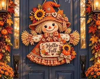 Hello Fall Scarecrow Door Hanger, Sunflower Pumpkin Wood Sign, Rustic Autumn Front Door Decor, Farmhouse Thanksgiving Porch Decor