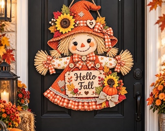Hello Fall Scarecrow Door Hanger, Sunflower Pumpkin Wood Sign, Rustic Autumn Front Door Decor, Farmhouse Thanksgiving Porch Decor
