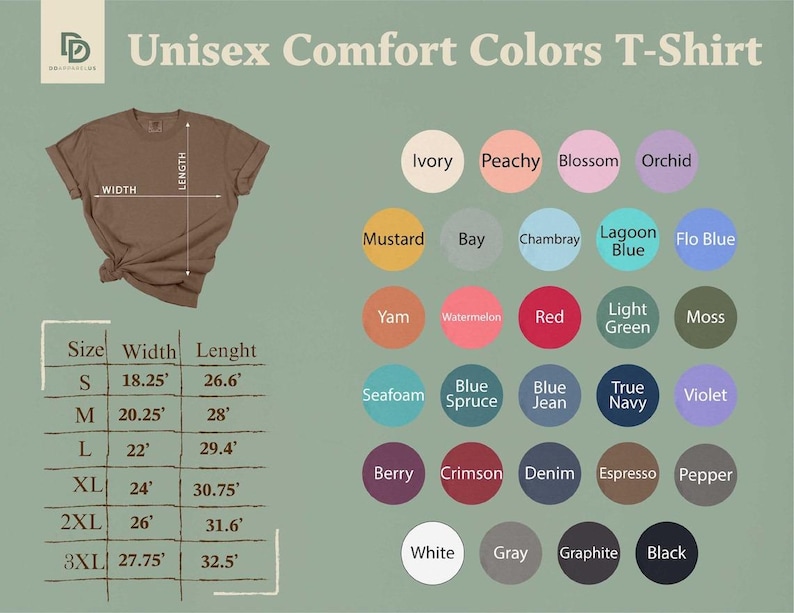 May include: A brown Unisex Comfort Colors T-shirt with size and color options. The shirt's width is 18.25 inches for size S, and the length is 26.6 inches. Color options include Ivory, Peachy, and Black.