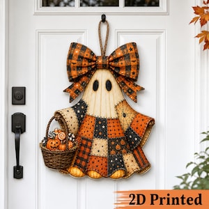 Lapptäcke Spökdörrhängare, Rustikt bondgårds-Halloween-höst, Ytterdörrsdekor för veranda