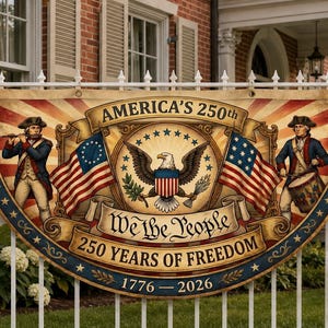 以下が含まれることがあります： 「America's 250th」と「We the People」の文字が入った、アメリカの250周年を祝う愛国的なバナー。デザインには、アメリカ国旗、ワシ、植民地時代の衣装を着た人物が含まれています。バナーは白いフェンスに表示されています。
