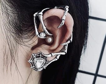 Cybercore Silber Ohrmanschette, skulpturale Verpackung (verstellbar, kein Piercing)