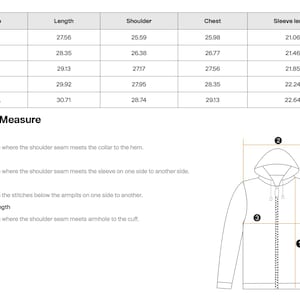 Puede incluir: Diagrama que ilustra c&oacute;mo medir una chaqueta con capucha, con puntos etiquetados para la longitud, el hombro, el pecho y la longitud de la manga. Una tabla de tallas muestra las medidas en cm para las tallas S a 2XL.