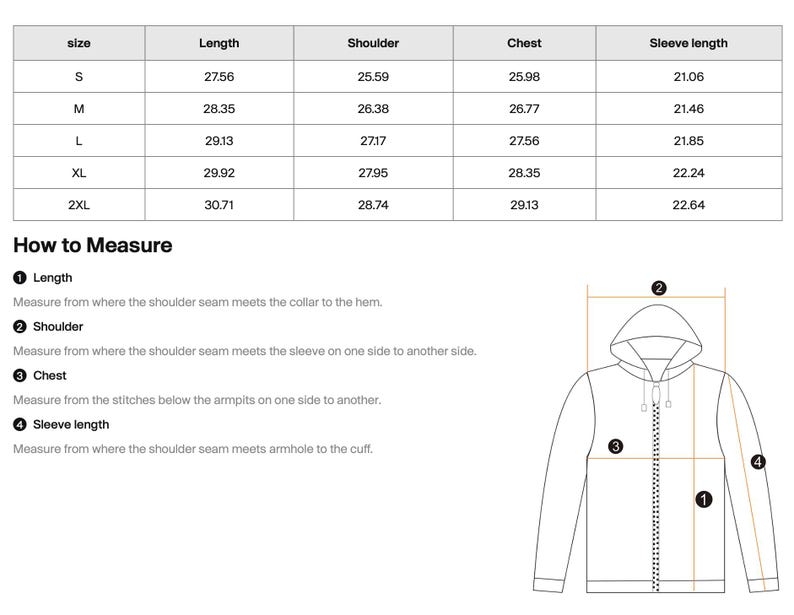 Puede incluir: Diagrama que ilustra c&oacute;mo medir una chaqueta con capucha, con puntos etiquetados para la longitud, el hombro, el pecho y la longitud de la manga. Una tabla de tallas muestra las medidas en cm para las tallas S a 2XL.