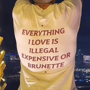 May include: Cream-colored t-shirt with the text "EVERYTHING I LOVE IS ILLEGAL EXPENSIVE OR BRUNETTE" in maroon lettering. The shirt is being worn by a person with gray hair.
