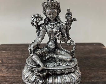 Vintage White Copper Carved Green Tara Statue