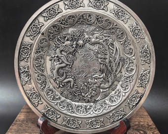 Vintage vit koppar snidad drake och Phoenix-platta staty