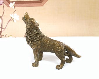 Vintage Brass Carved  Wolf  Statue