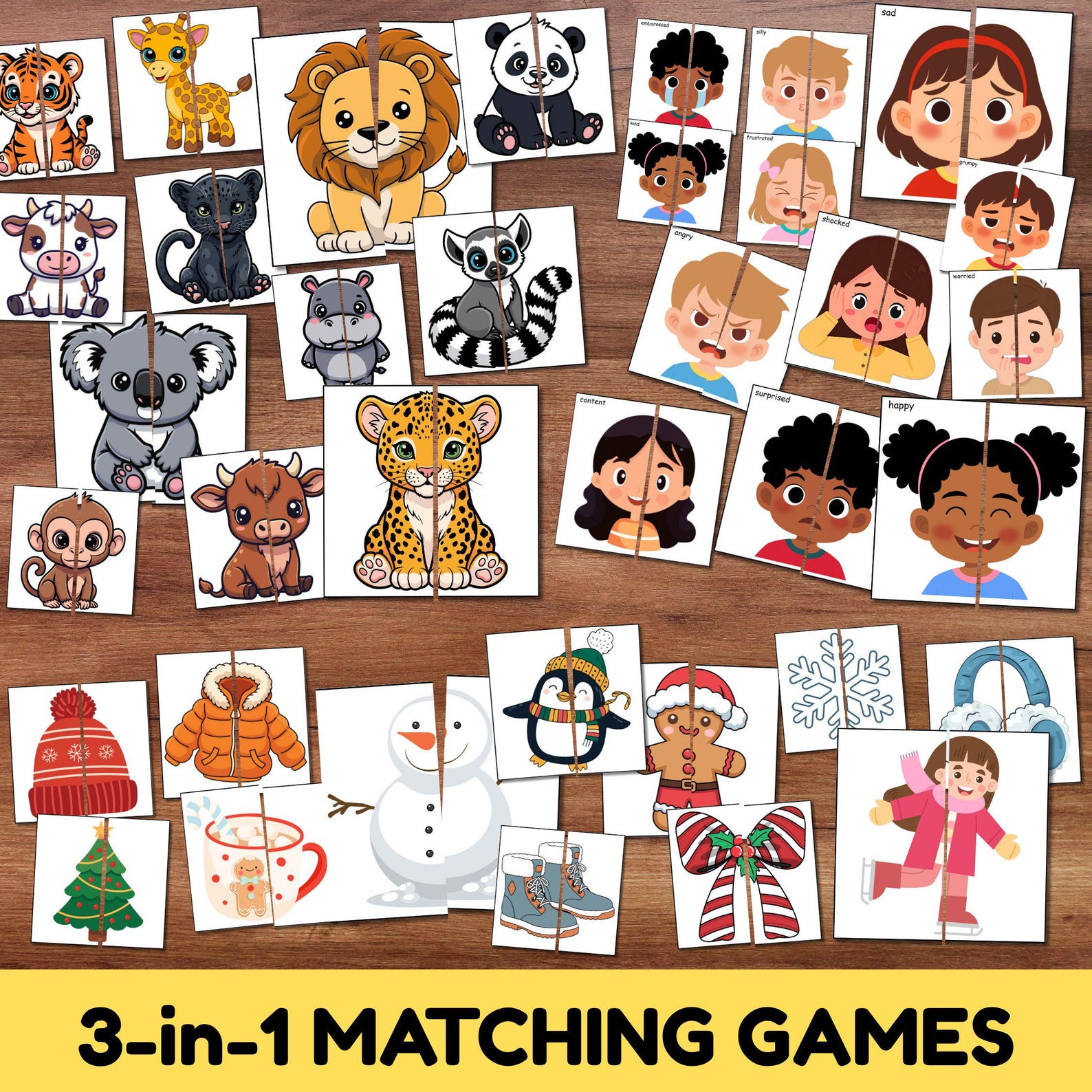 3-in-1 Toddler Matching Game | Animals, Emotions, Winter (PDF Printable