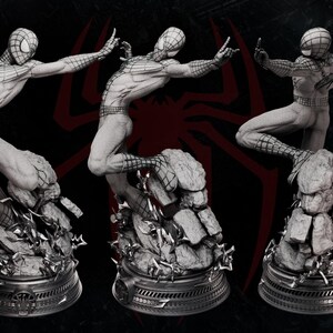 May include: A grayscale sculpture of Spider-Man in three dynamic poses, atop a rocky base. The figure is detailed with web patterns and stands on a decorative, circular base. The words "SPIDERMAN NO WAY HOME" are at the top.