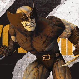 May include: Digital artwork of Wolverine, a comic book character, in a dynamic pose. He is depicted with a stern expression, claws extended, and wearing a brown and tan costume. The background features torn paper and the word "Wolverine".