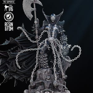 May include: A detailed black and gray Spawn action figure, holding a large axe with a skull on top. The figure is adorned with chains and spikes, standing on a rocky base with skulls. The figure is labeled as 1/6 scale and made of resin.