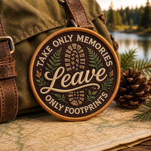 Puede incluir: Un parche bordado circular con fondo marrón oscuro y borde color canela. El texto "TAKE ONLY MEMORIES" y "LEAVE ONLY FOOTPRINTS" aparece en color canela, junto con un gráfico central de una huella de bota y detalles de hojas de helecho verdes.