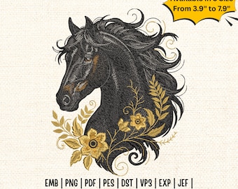 Diseño de bordado de caballo negro, elegante retrato floral de caballo, archivo de bordado a máquina estilo western, estilo boho cowgirl (PES, DST, JEF)