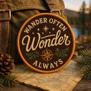 Könnte beinhalten: Ein runder, bestickter Aufnäher mit dunkelbraunem Hintergrund und goldenem Rand. Der Text WANDER OFTEN steht in einem Bogen oben, Wonder in großer Schreibschrift in der Mitte und ALWAYS unten. Eine Kompassrose und Tannenzweige sind eingestickt.