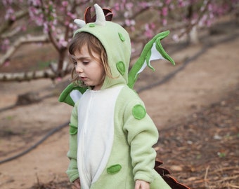 Whimsical Hallowen Dragon Costume / Green Dragon Jumpsuit Costume / Kids&Babies Dragon Playwear / Dragon Onesie / Handmade / Birthday Gift