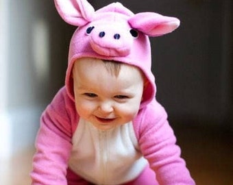 6-12M Fleece Piggy Jumpsuit: Handmade Hooded Baby Halloween Costume