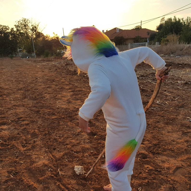 White Unicorn Handmade Playsuit Costume With Rainbow Mane&Tail - Unique & Personalized | ThumbelinaWorkshop