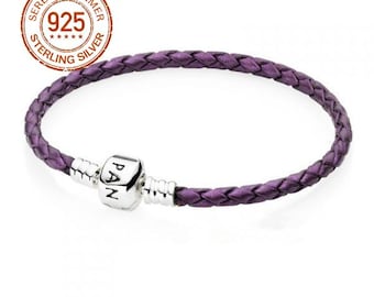 925 Sterling Silver Purple  Leather Bracelet Size 16-20cm Pandora Style