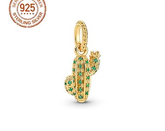 925 Sterling Silver Desert Gold Cactus Pendant, Compatible with Pandora Style Bracelets & Necklaces