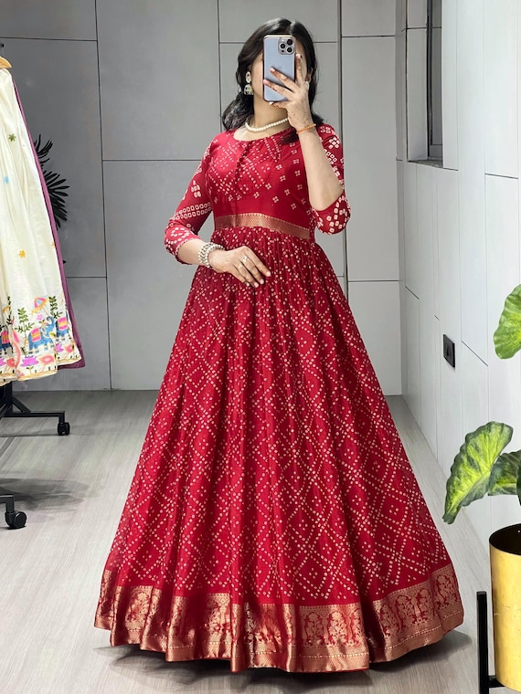 knee length dresses for ladies Bandhani Print Rayon Gown with Embroidery and Gota Work