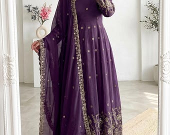 Designer Party Wear Gown Set | Heavy Crunchy Silk Suit | Sequins Salwar Suit