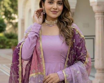 Designer Purple Silk Gown Set with Embroidered Organza Dupatta | Festive Wear | Indian Ethnic Outfit