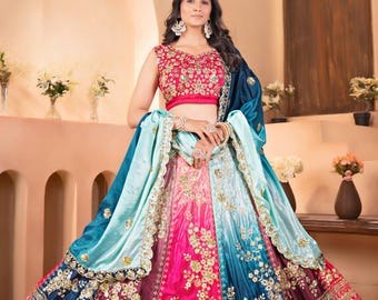 Designer Multi-Color Lehenga Choli With Silver Embroidery, Chinon Silk, Wedding & Festive Wear