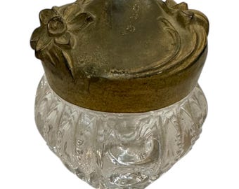 Antike Jugendstil Glas Dose mit floralem Deckel aus Messing
