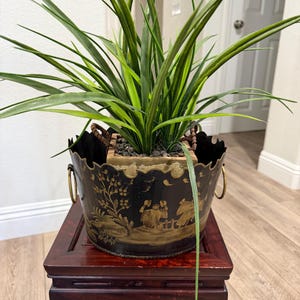 May include: A decorative black metal planter with a gold painted design of figures and foliage, holding a green plant with long, slender leaves. The planter has brass handles and sits on a dark red wooden stand.