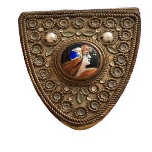 Caja de parche victoriana antigua con retrato en miniatura *Caja de rapé/baratijas Chatelaine del siglo XIX