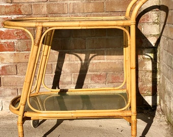 Vintage Mid Century Bamboo Glass Topped Drinks Cocktail Trolley Bar Cart With Original Stippled Glass And Swivel Castor Wheels Retro, Rustic