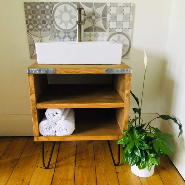 New***DARLEY Rustic Industrial Boho Loft Reclaimed Mexican Solid Wood Handmade Bathroom Washstand Unit with Shelves and Hairpin legs