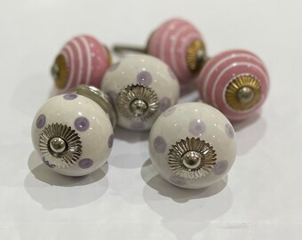 Set of 3 Pale Purple Polka Dot or 3 Pink Stripe Round Ceramic Door Knobs Hand Painted Urban Cottage Chic