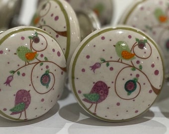 Whimsical Birds in Tree Ceramic Drawer Knob, Urban Cottage, Nursery Kids Room Bedroom