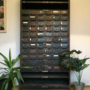 Rare XXL Original Ex Army Vintage Industrial Distressed Pigeon Hole Utility 66 Drawer Metal Cabinet Shelving Storage Retro MCM