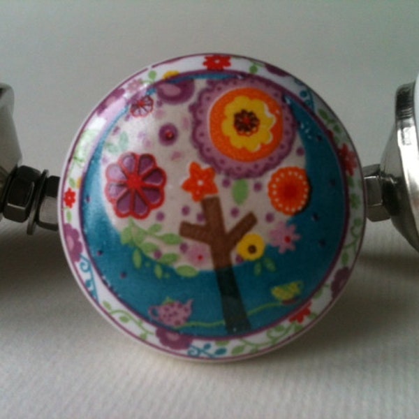 7 x pomello del cassetto in ceramica bianca con stampa ad albero e fiore - Secondi