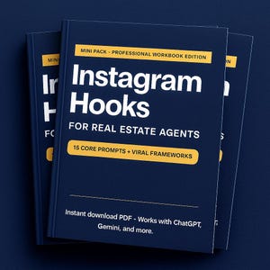 May include: Three navy blue workbooks titled "Instagram Hooks for Real Estate Agents." The covers feature white text on a dark blue background, with yellow accents. The text includes "Mini Pack," "15 Core Prompts," and "Instant download PDF."