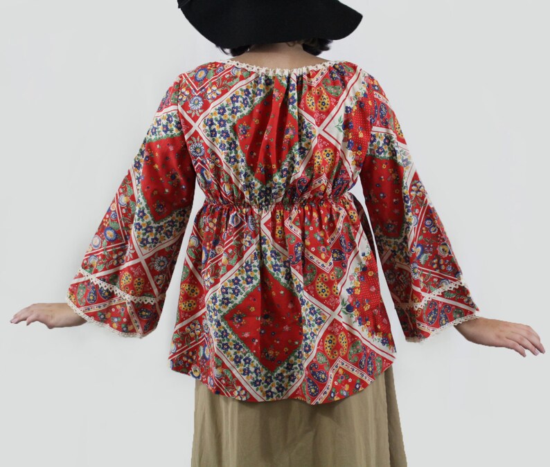 vintage 1970s red rainbow calico bell angel sleeve hippie peasant top festival handkerchief bandana crochet lace trim drawstring 70s Medium