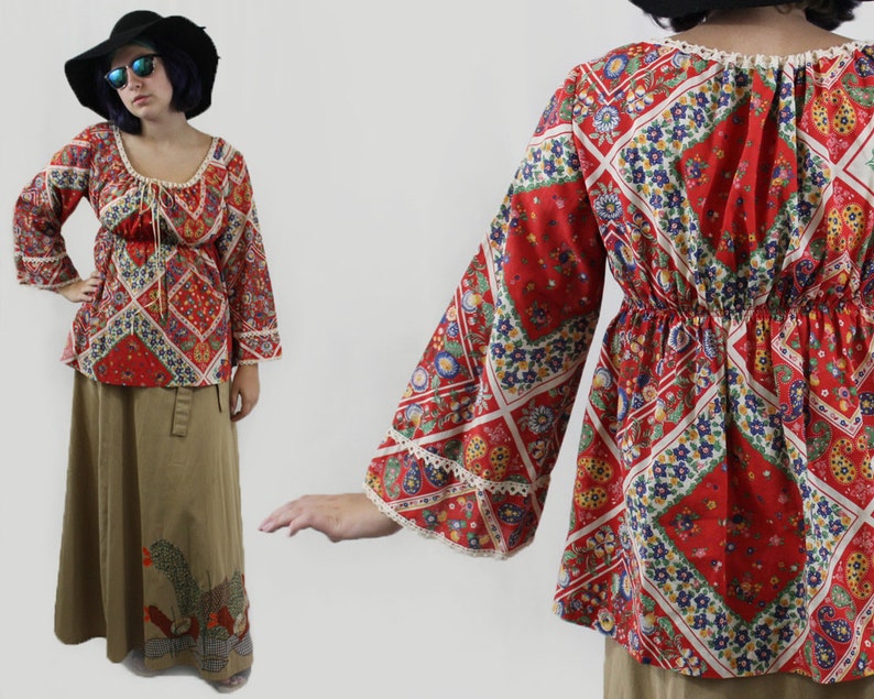 vintage 1970s red rainbow calico bell angel sleeve hippie peasant top festival handkerchief bandana crochet lace trim drawstring 70s Medium