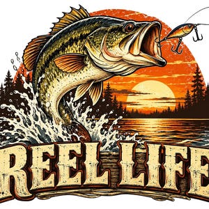 Imagen PNG de Reel Life Fishing, diseño vintage de puesta de sol con lubina, arte de camiseta de pescador retro, descarga de DTF divertida sobre pesca imagen 1