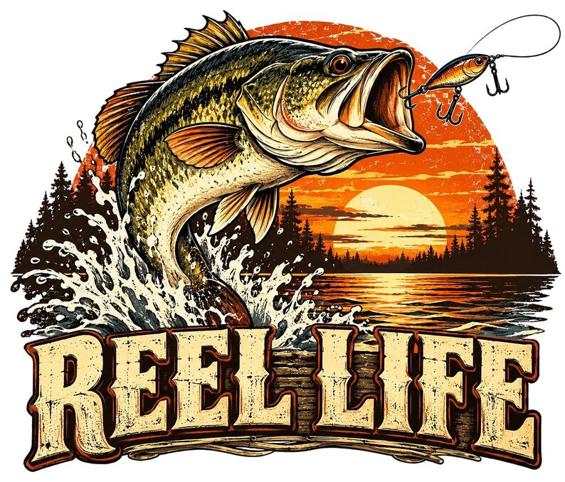 Imagen PNG de Reel Life Fishing, diseño vintage de puesta de sol con lubina, arte de camiseta de pescador retro, descarga de DTF divertida sobre pesca imagen 1