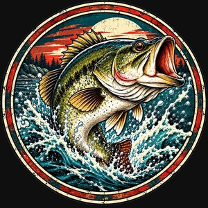 Bass Fishing Badge PNG, Circular Fish Logo Design, Vintage Angler Emblem, Fishing Club DTF Download image 2