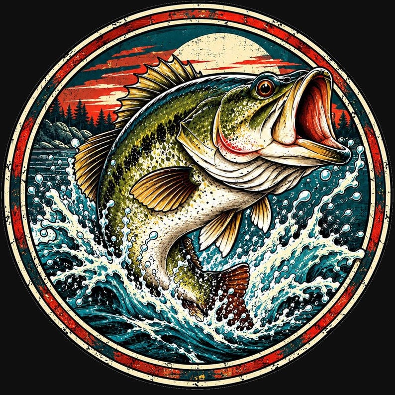 Bass Fishing Badge PNG, Circular Fish Logo Design, Vintage Angler Emblem, Fishing Club DTF Download image 2