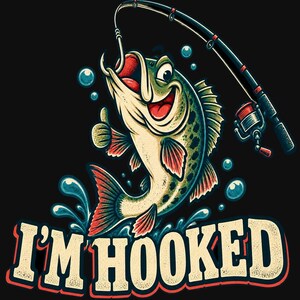 Me encanta pescar (PNG), diseño divertido de bajo de dibujos animados, arte para camisetas de pesca, descarga DTF para niños pescadores imagen 2