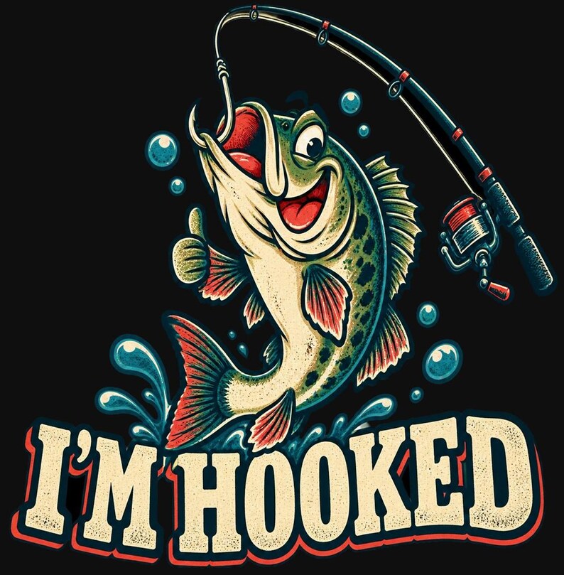 Me encanta pescar (PNG), diseño divertido de bajo de dibujos animados, arte para camisetas de pesca, descarga DTF para niños pescadores imagen 2