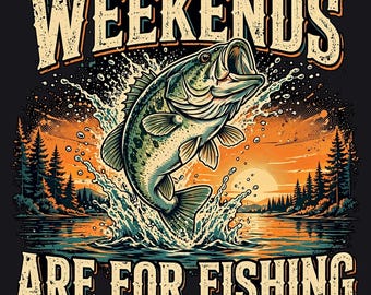 Weekends Are for Fishing PNG, Bass Fishing Design, Retro Lake Sunset Art, Funny Angler DTF Download