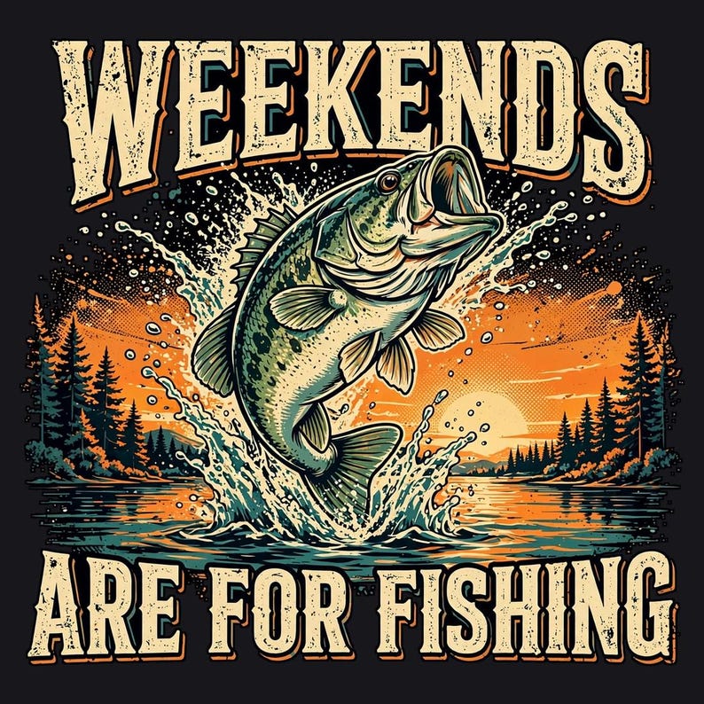 Weekends Are for Fishing PNG, Bass Fishing Design, Retro Lake Sunset Art, Funny Angler DTF Download image 1