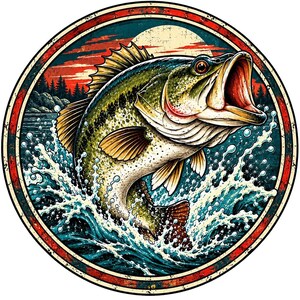 Bass Fishing Badge PNG, Circular Fish Logo Design, Vintage Angler Emblem, Fishing Club DTF Download image 1